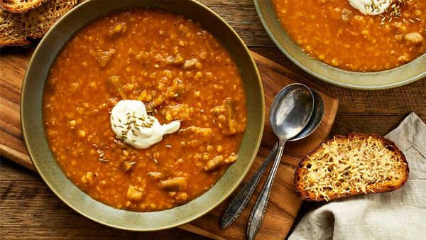 Roasted eggplant, tomato and fennel soup with Parmesan toasts recipe by McKenzie's Foods