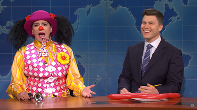 Cecily Strong and Colin Jost during SNL's Goober the Clown skit