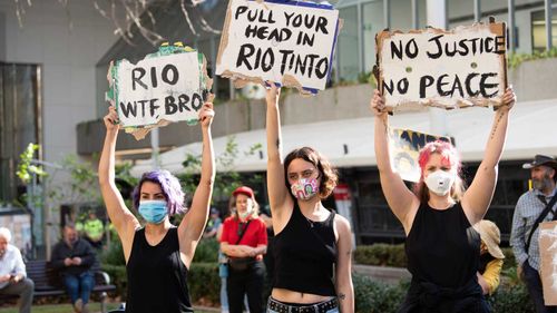 Protesters outside Rio Tinto's Perth offices.