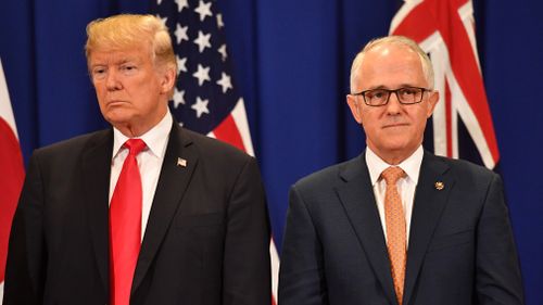 United States President Donald Trump and Australian Prime Minister Malcolm Turnbull are seen at a trilateral meeting