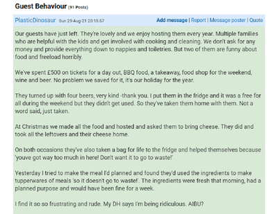 The woman has explained her guest's behaviour on Mumsnet.