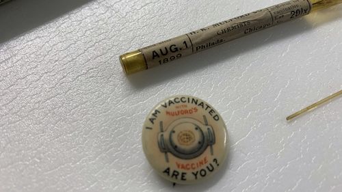 This badge declaring "I'm vaccinated! Are you?" that dates back to a 1950s polio vaccination campaign is photographed in Washington, Monday, March 8, 2021. 