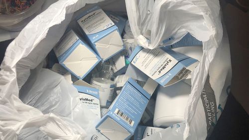 This undated photo provided by the Philadelphia Department of Public Health shows discarded boxes of xylazine seized in a raid.