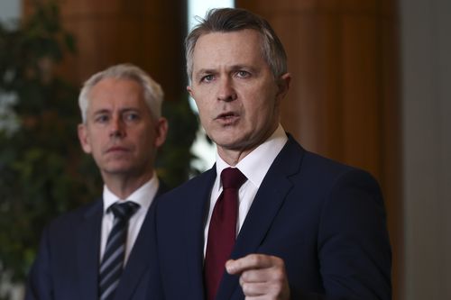 Minister for Skills and Training Andrew Giles, Minister for Education Jason Clare and Minister for Early Childhood Education Senator Jess Walsh during a doorstop at Parliament House in Canberra on July 23, 2025. fedpol Photo: Dominic Lorrimer