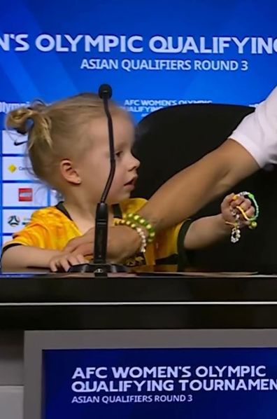 Katrina Gorry's daughter Harper adorably crashes Matildas press conference