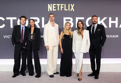 Cruz Beckham, Jackie Apostel, Romeo Beckham, Harper Beckham, Victoria Beckham and David Beckham attend the "Victoria Beckham" World Premiere at the Curzon Mayfair on October 08, 2025 in London, England