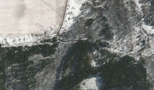 This satellite image provided by Maxar Technologies shows troops and equipment deployed in trees, northwest of Antonov Airport in Lubyanka, Ukraine, during the Russian invasion, Wednesday, March 9, 2022. 