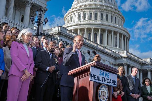 House Minority Leader Hakeem Jeffries, D-N.Y., and fellow Democrats speak on the health care funding fight on the steps of the House before votes to end the government shutdown, at the Capitol in Washington, Wednesday, Nov. 12, 2025. (AP Photo/J. Scott Applewhite)