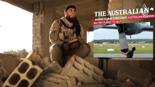 An article from The Australia, highlighting Australia's involvement in the Marawi combat, appears in the IS video. (Supplied)