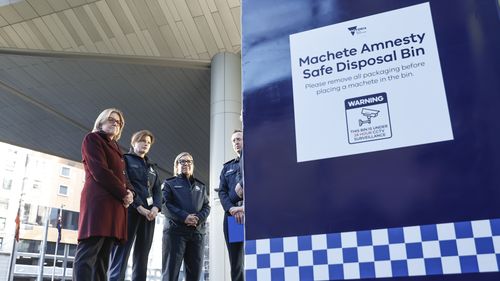 Premier Jacinta Allan at one of the new machete amnesty bins. Photo by Jason South. 31st July 2025