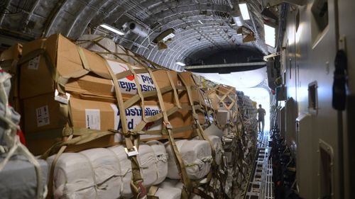 The first Australian aid relief delivery heads for cyclone-devastated Vanuatu. (AAP)