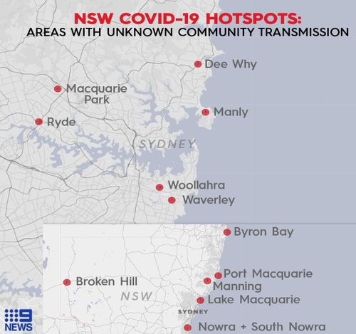 The 13 locations NSW Health pinpointed as areas where community transmission of coronavirus was worrying.