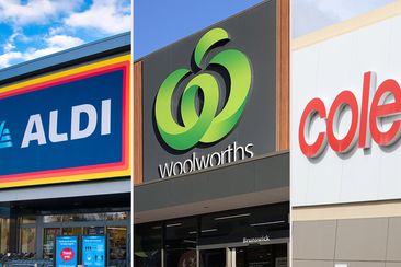 Aldi, Woolworths and Coles supermarket signs
