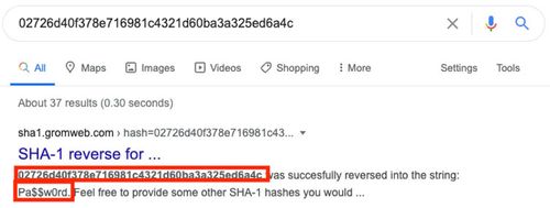 This screenshot of a Google search result for the SHA hashed password value '02726d40f378e716981c4321d60ba3a325ed6a4c' reveals the original password: 'Pa$$w0rd'.