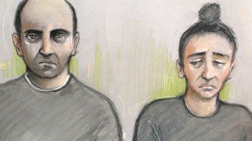 File court artist sketch of Ouissem Medouni (left), 40, and his partner Sabrina Kouider, 34, who are facing trial over the death of French nanny Sophie Lionnet. (AAP)