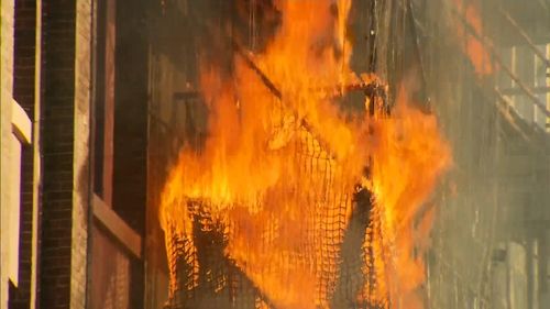 The destructive blaze has ripped through the scaffolding of  tower in Sydney's CBD. Picture: 9NEWS