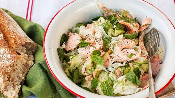 Roast salmon with pickled fennel, cucumber and mint salad