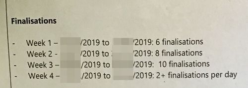 An excerpt from a former Centrelink compliance officer's performance review documents, which stated how many debt finalisations she was required to achieve.  