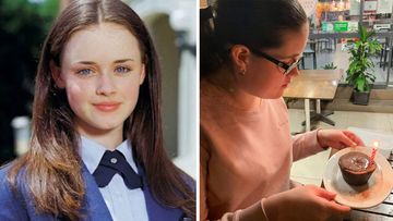 Actor Alexis Bledel, who plays Rory Gilmore, is pictured (left) wearing a school uniform. Tiana Offord (right) sits at a cafe and looks at a cupcake lit with a birthday candle.