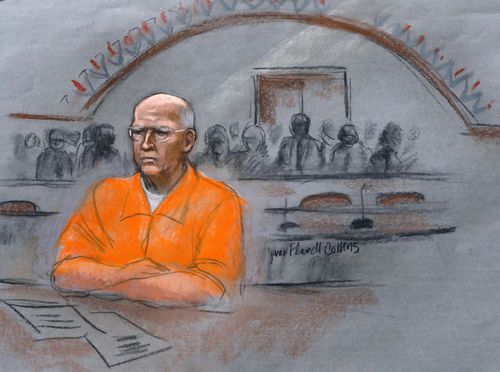 In a court sketch from 2013, 'Whitey' Bulger is sentenced to life in prison for 11 underworld slayings.