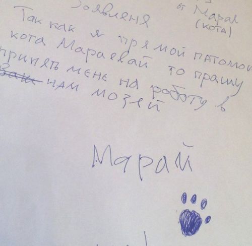 Maray the cat's job application was signed with a paw print. (Serpukhov Museum of History and Art)