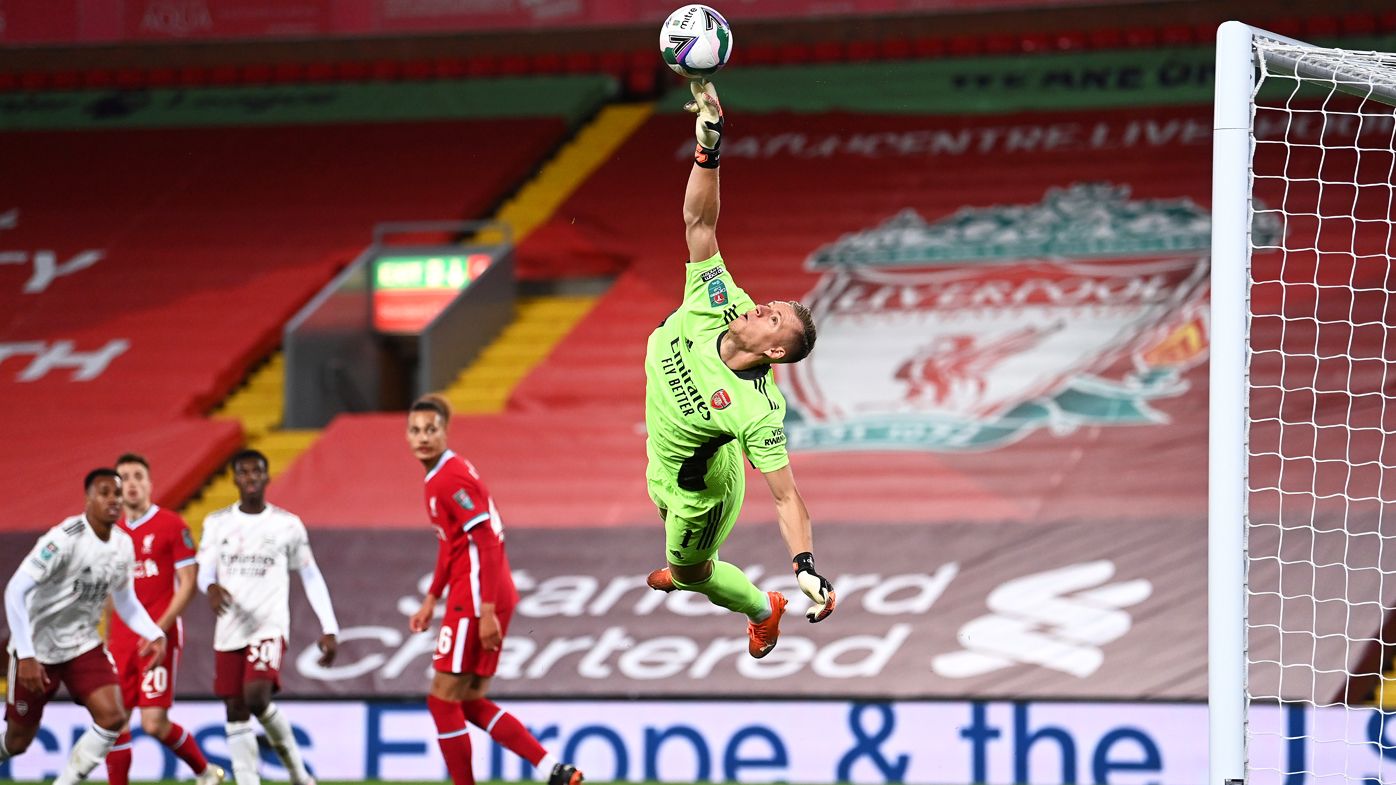 Bernd Leno of Arsenal makes a save during the Carabao Cup fourth round 