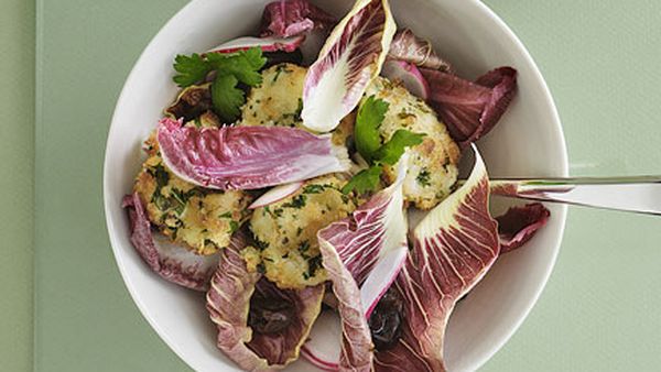 Red leaf salad with radish, buffalo mozzarella fritters and anchovy sauce