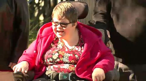 Kym Flowers, 34, may soon need to move into a nursing home to access adequate care for the cerebral palsy condition she lives with. Picture: 9NEWS.