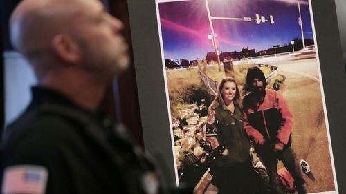 A picture of Katelyn McClure and Johnny Bobbitt Jr. is displayed during a news conference in New Jersey.