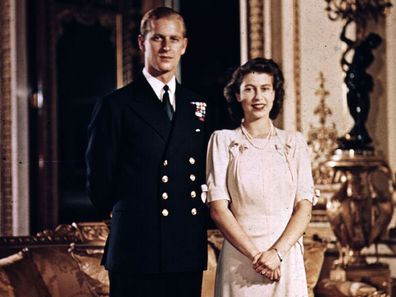Prince Philip and Princess Elizabeth in Buckingham Palace in 1947.