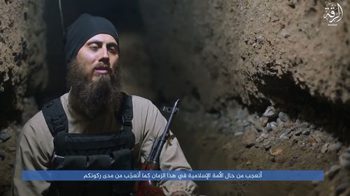 Australian doctor Tareq Kamleh, who now calls himself 'Abu Yusuf', appears to sit in a tunnel under Raqqa in IS video.