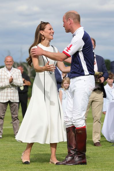 Prince William, Duke of Cambridge and Catherine, Duchess of Cambridge embrace after the Royal Charity Polo Cup 2022 at Guards Polo Club  during the Outsourcing Inc. Royal Polo Cup at Guards Polo Club, Flemish Farm on July 06, 2022 in Windsor, England. 