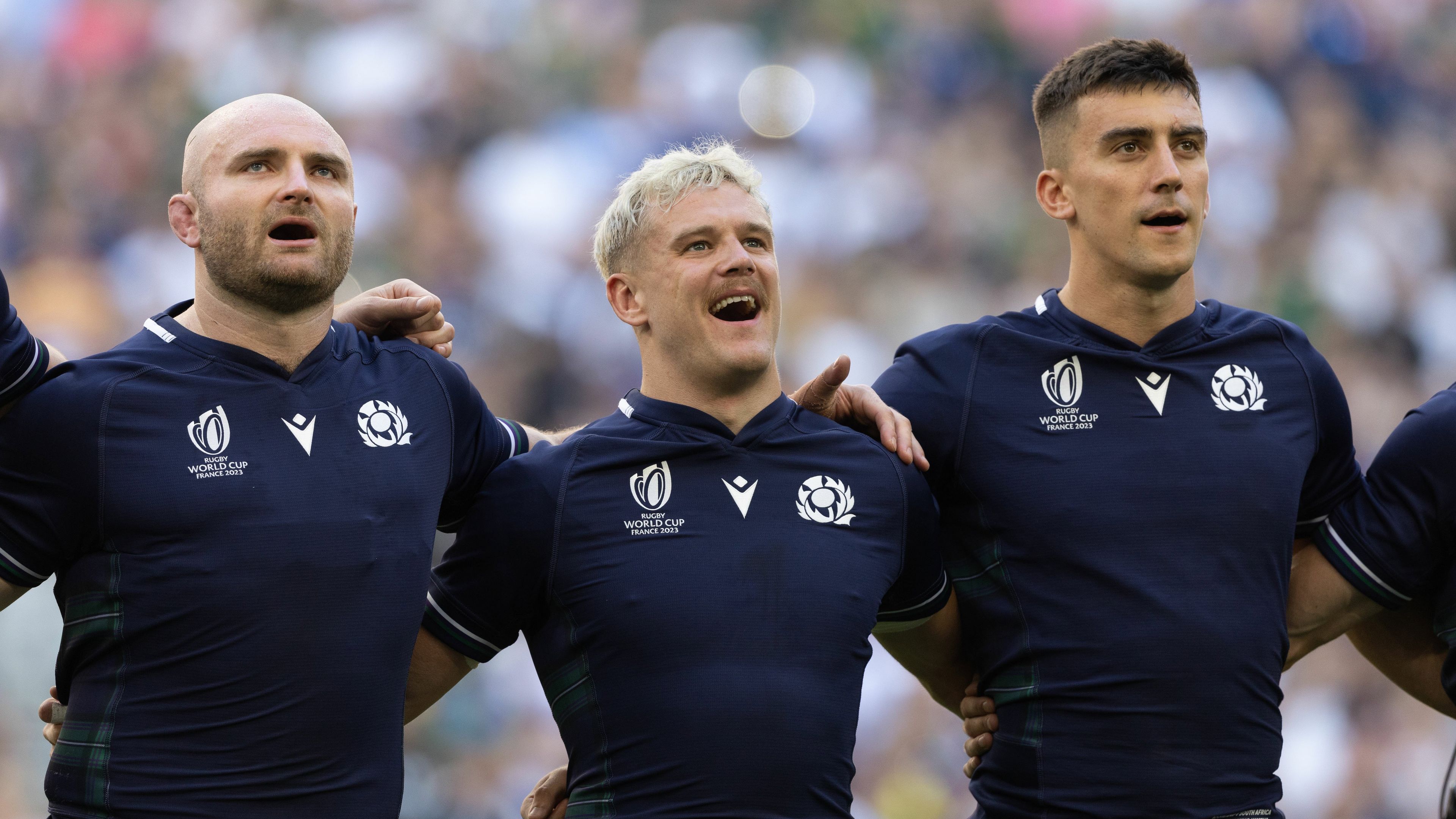 Scotland&#x27;s Dave Cherry (left) with Darcy Graham (middle) and Cameron Redpath (right) sing the national anthem.