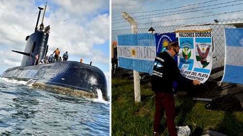 The missing Argentine submarine San Juan and relatives outside a naval base. (Photos: Argentine Navy and AP).