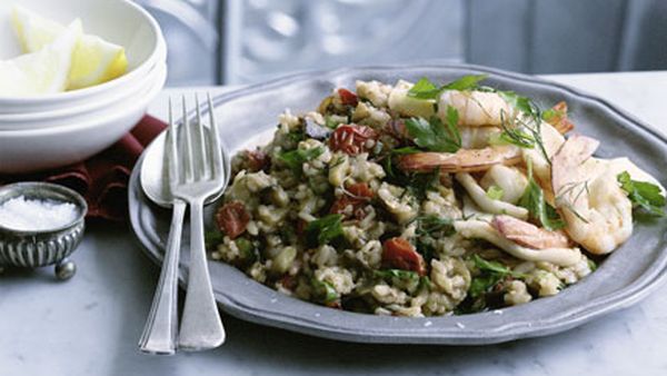 Grilled prawns and calamari with spiced eggplant pilaf