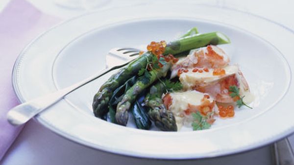 Champagne-poached lobster with asparagus and baby leeks
