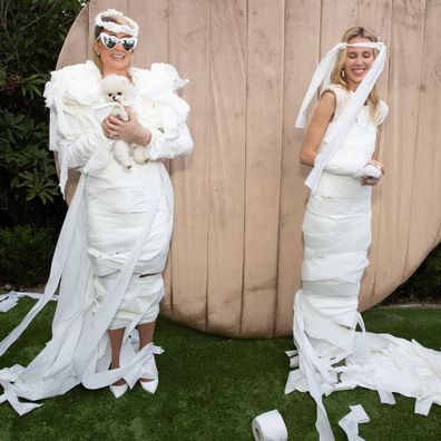 Paris Hilton dresses up in toilet paper wedding dress for bridal brunch 2021.