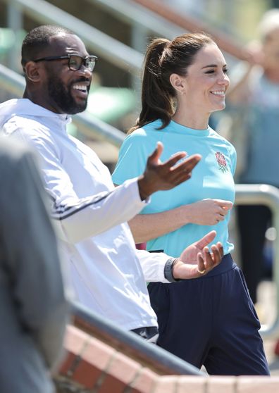 Catherine, Princess of Wales laughs with Ugo Monye during her visit to Maidenhead Rugby Club on June 07, 2023 in Maidenhead, England.