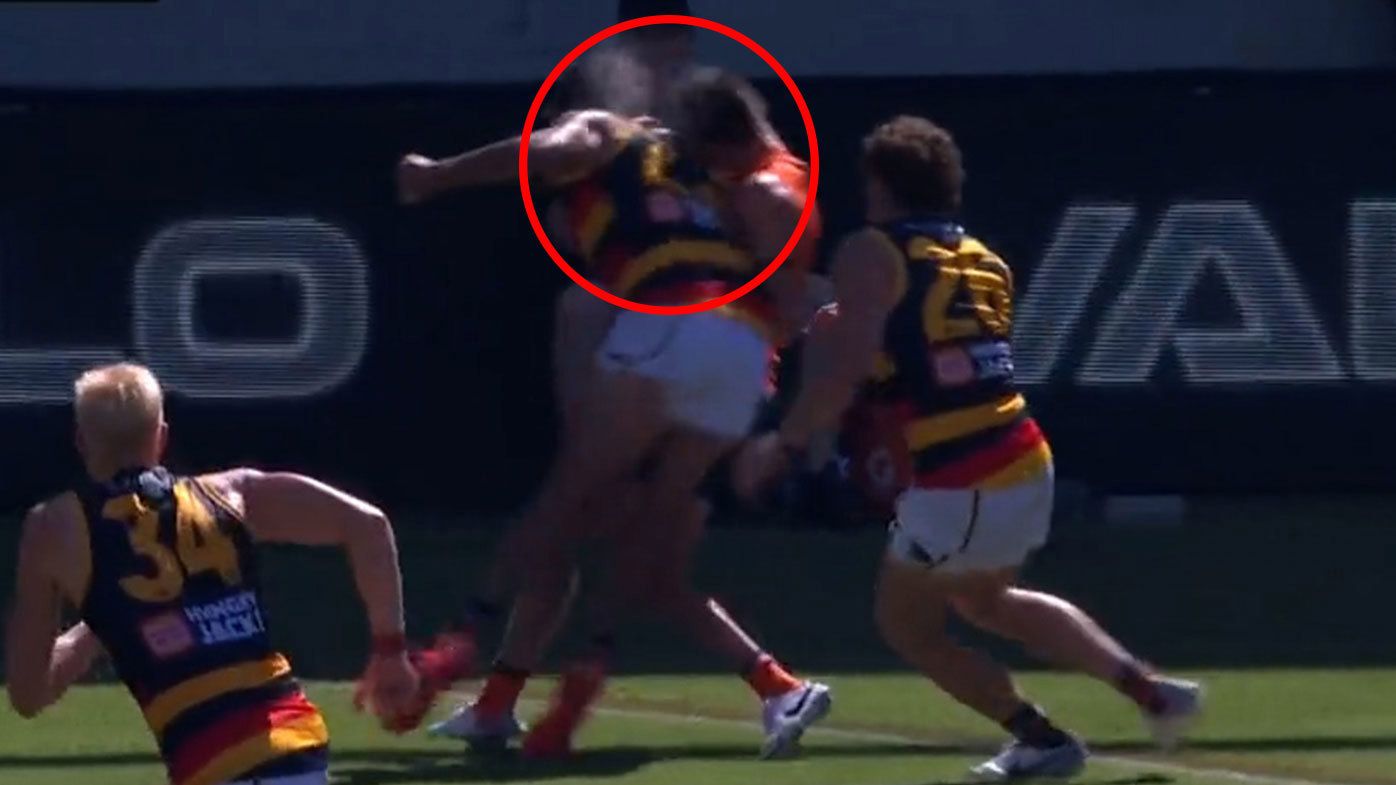 Crows forward Shane McAdam is likely to hop a suspension over this hit which left Jacob Wehr floored