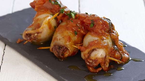 Chorizo stuffed baby calamari