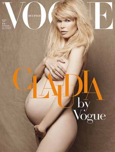 In 2010, <strong>Claudia Schiffer</strong> did the hand bra pregnant pose on the cover of German Vogue.