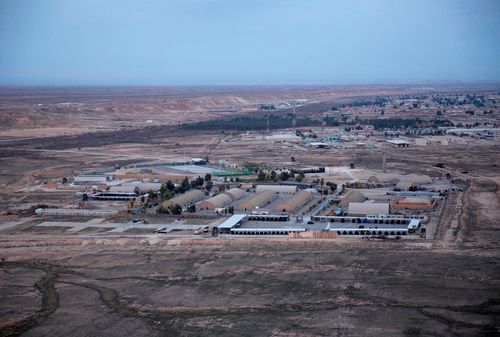 This aerial photo taken from a helicopter shows Ain al-Asad air base in the western Anbar desert, Iraq, Sunday, Dec. 29, 2019. 