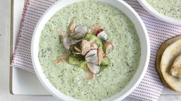 Chilled cucumber and dill soup with smoked trout