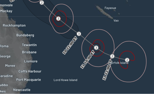 The Bureau of Meteorology's cyclone track map shows the tropical low tracking southwards towards Norfolk Island. 