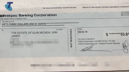 A copy of the cheque Telstra sent Ann which she is unable to bank.