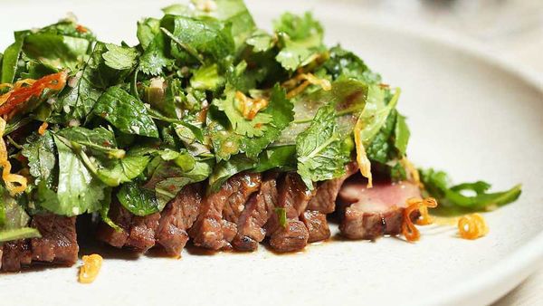 Thi Le's lamb backstrap with jungle mix and smoked rice powder recipe