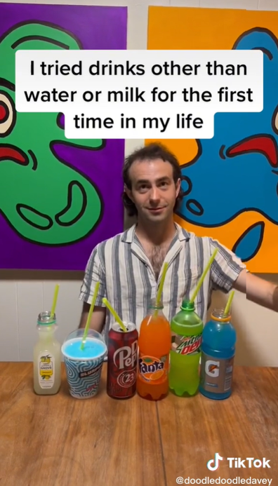 The comedian is seen trying Gatorade, Mountain Dew, Fanta Orange, Dr Pepper, a 7-Eleven Slurpee, and 7-Select Farmers Grove Lemonade.