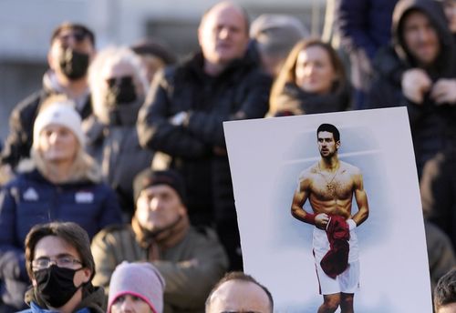 Supporters of Serbia's Novak Djokovic protest in Belgrade, Serbia, Friday, Jan. 7, 2022. 