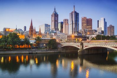 Melbourne's skyline at dusk.