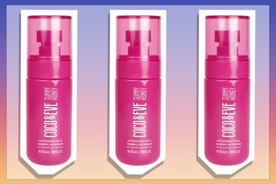 9PR: Coco and Eve Antioxidant Face Tanning Micromist on coloured background.